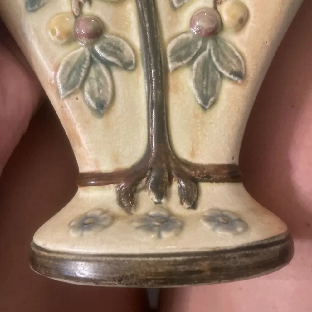 Antique Weller Ware Voile Apple Tree Fan Floral Vase Signed Pottery
